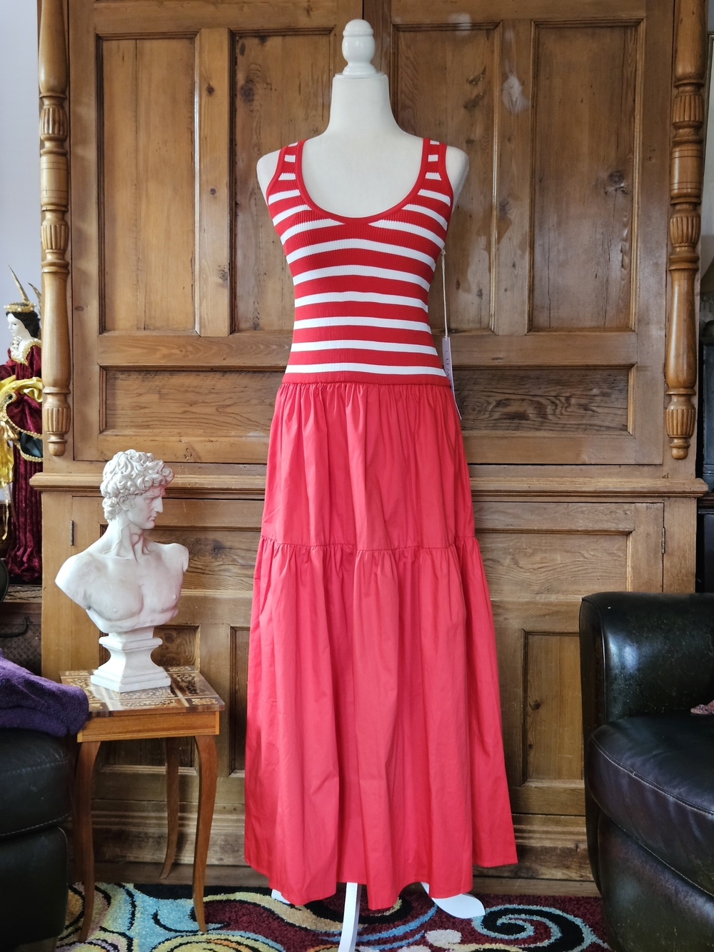 Lumiere Red and White Striped Tank Maxi with Red Tiered Skirt